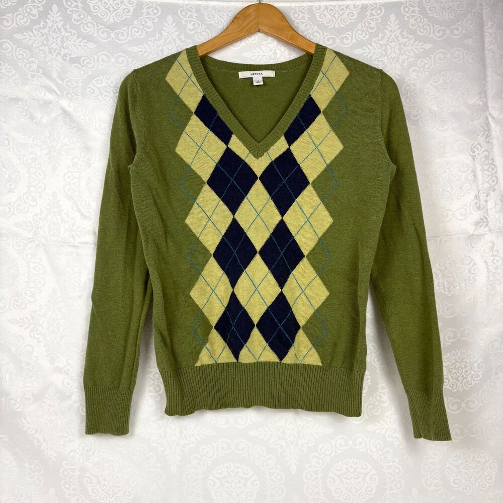 Merona Sweater Argyle 100% Cotton Vintage Preppy Dark Academia Office Work Sz M